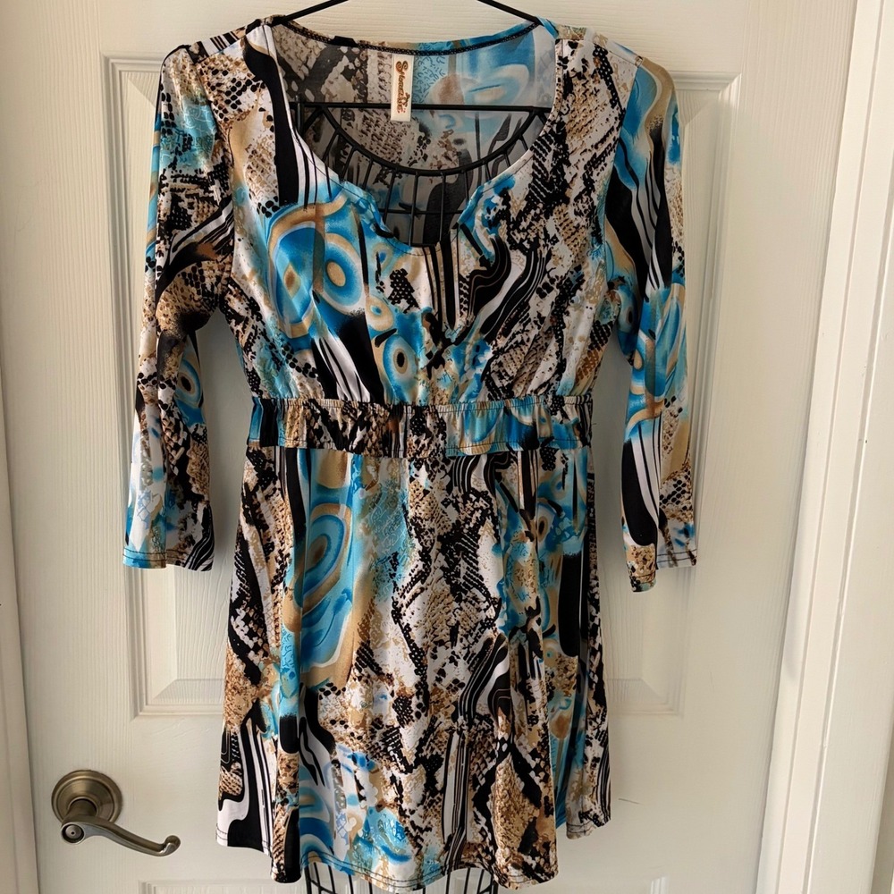 Shoreline Women's Abstract Animal Print Mini Dress 3/4 Sleeve Elastic Waist Sz M
